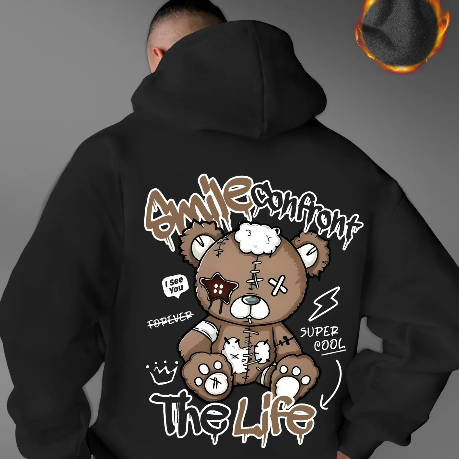 Hip Hop Graffiti Teddy Bear Hoodie Cool Patchwork Bear Lightning Crown Text Graphic Casual Loose Pullover Sweatshirt Unisex