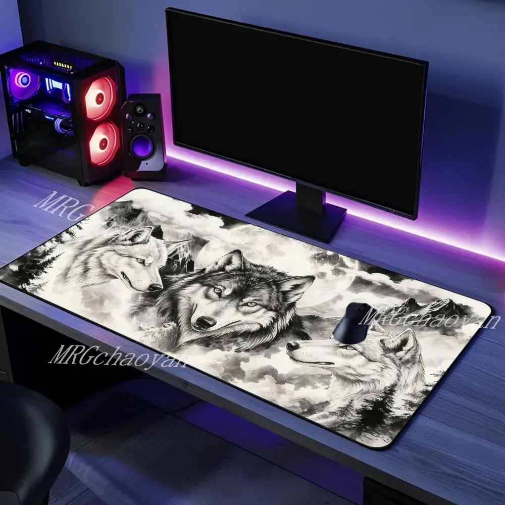 

Large Moon and Wolf Mouse Pad white Game Keyboard Mat XxL Laptop Computers Accessories Rubber Table Pads Office Carpet