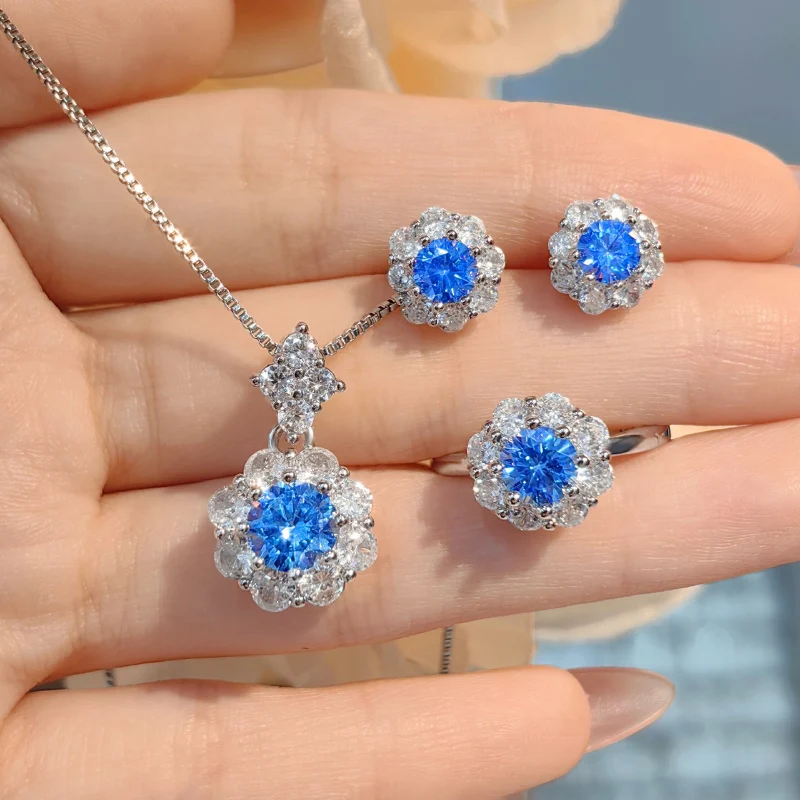 Light Luxury Crystal Blue Flower Jewelry Set Exquisite Plum Blossom Necklace Ring Earrings Party Accessories for Women KOFSAC