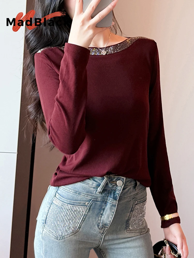 

MadBlack-Женская европейская футболка, сексуальная трикотажная футболка с вырезом Halo Diamond, уличная тонкая трикотажная футболка с длинными рукавами S-3XL, зима 2025 T5N709CC