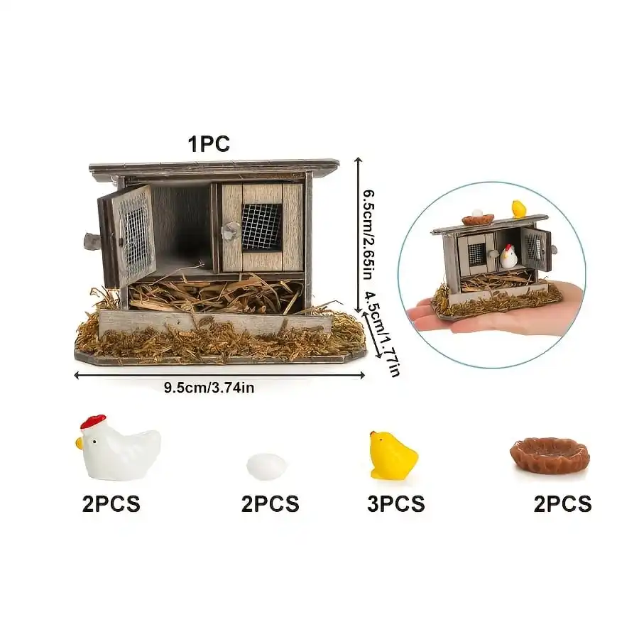10-Piece Mini Retro Wooden Chicken Coop Set, Mini Family Chicken, Hen, Chicks, Eggs, Chicken Coop Decoration, Suitable for Garde view 2