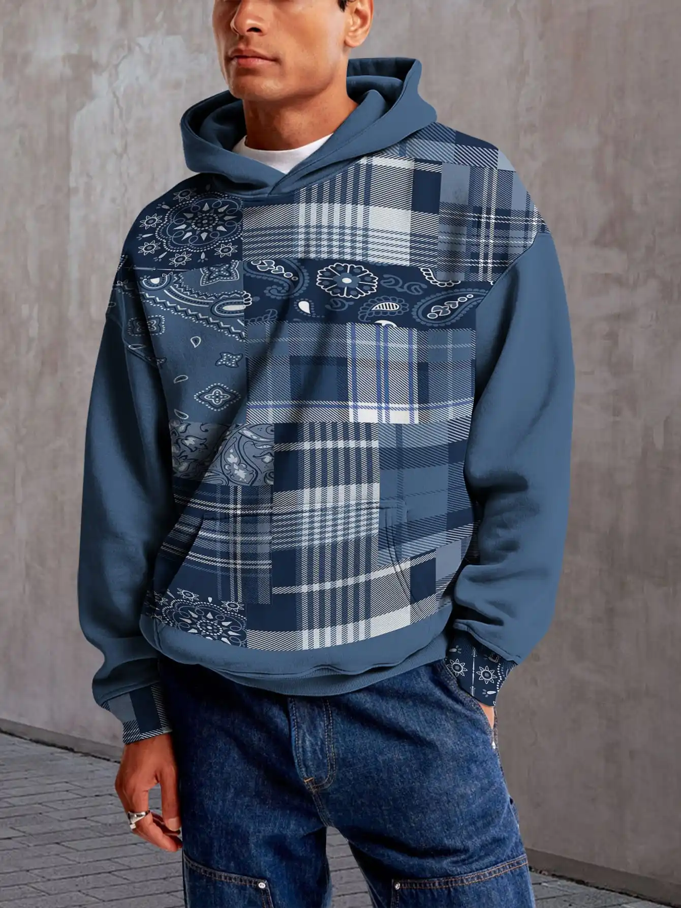 

Толстовка с 3D принтом в стиле ретро, уличная толстовка с капюшоном в клетку и лоскутным узором, повседневный пуловер в уличном стиле, топ с капюшоном