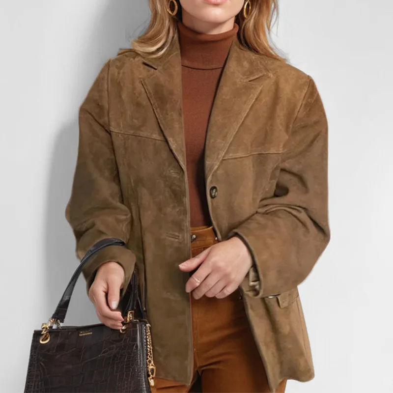 

New Women's Clothing Style Retro Brown Loose Pocket Long Sleeved Suit Jacket for Women