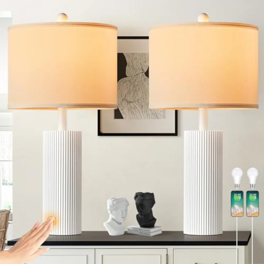 

24.5" Lamps Set of 2 Modern Table Lamps for Living Room with USB C+A Ports Creative Stripe Touch Lamps for Nightstand 2 Bulbs I