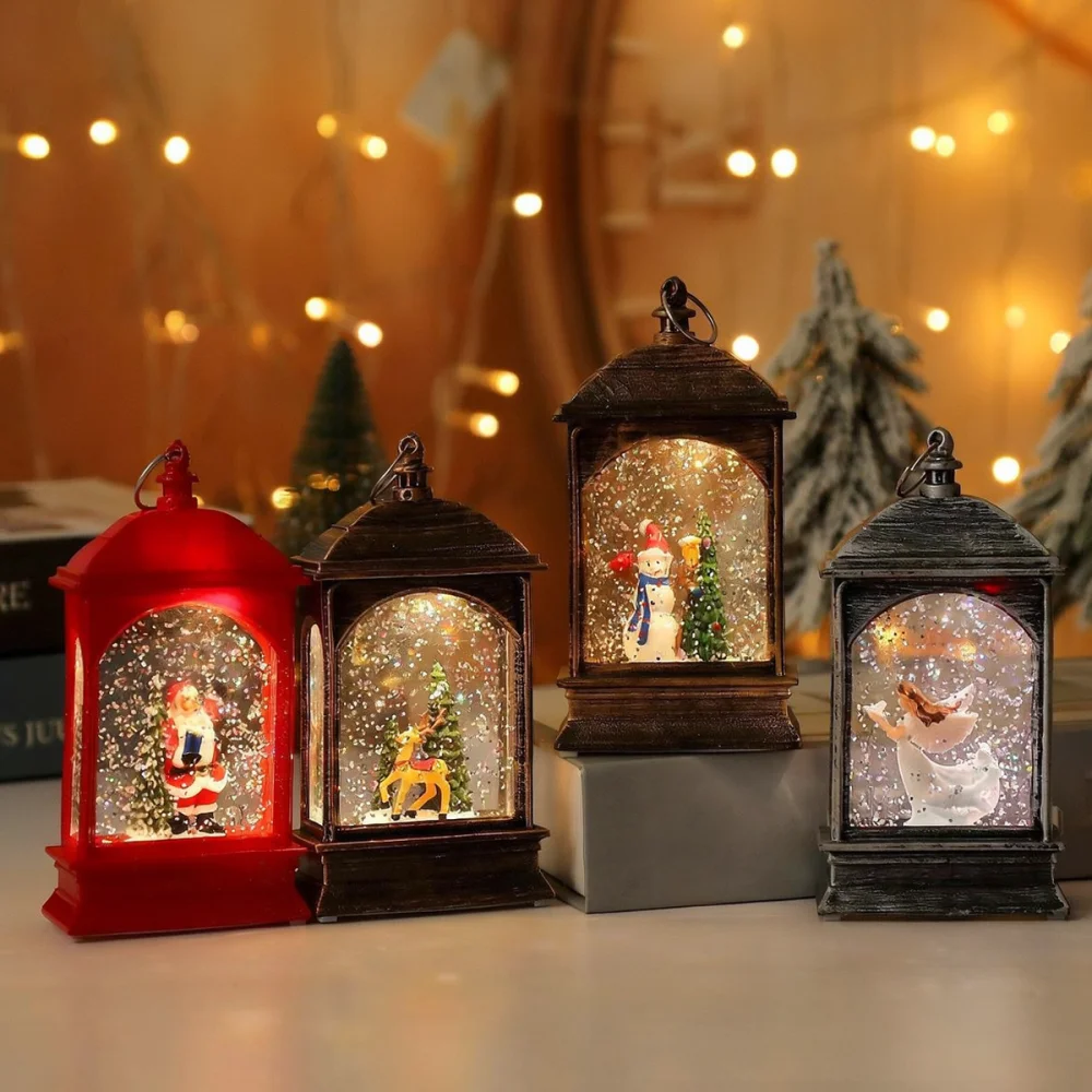Classic Christmas Glowing Lantern Xmas Santa Claus Snowman Figurine Table Ornament Festive Interior Decor