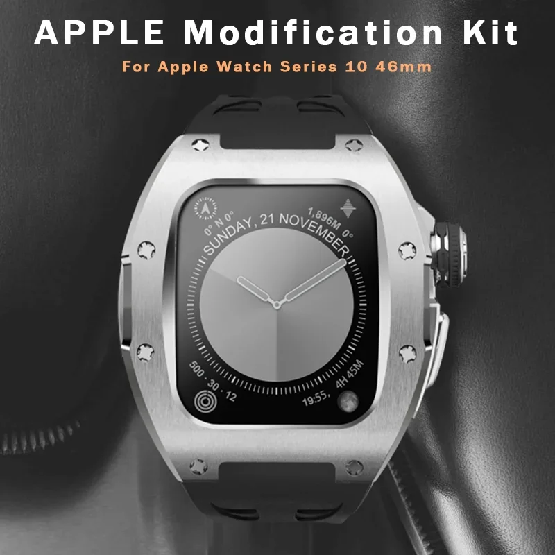 Luxuriöses Edelstahl-Modifikationsset für Apple Watch Series 10, 46 mm, Titangehäuse für IWatch Series 10, 46 mm Fluorkautschukarmband
