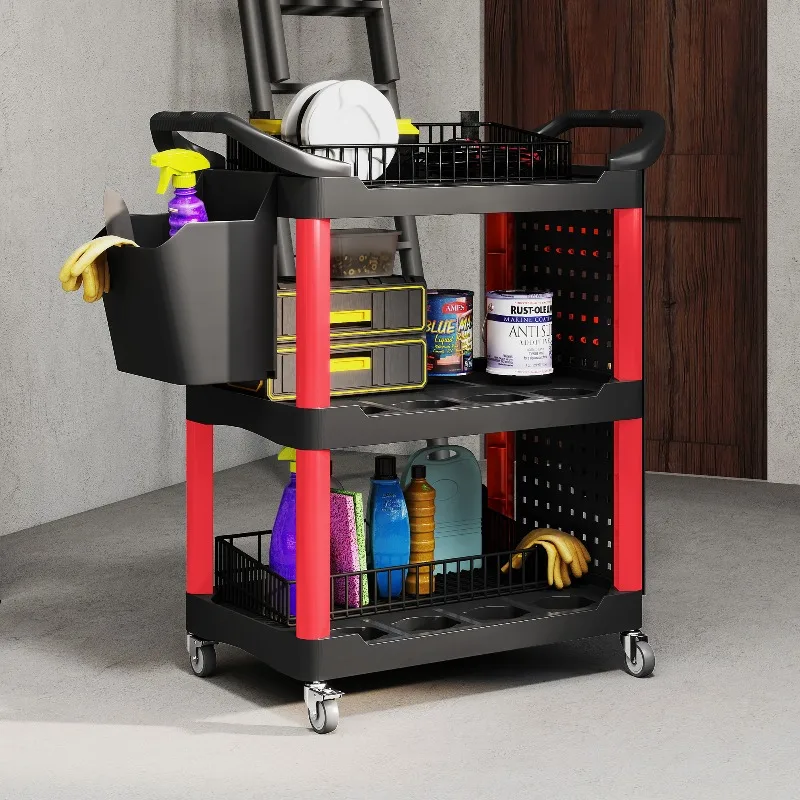 

Heavy Duty 3 Tier Rolling Tool Cart with Hooks Storage Bucket Locking Wheels Utility Service Cart for Garage Workshop Organizer