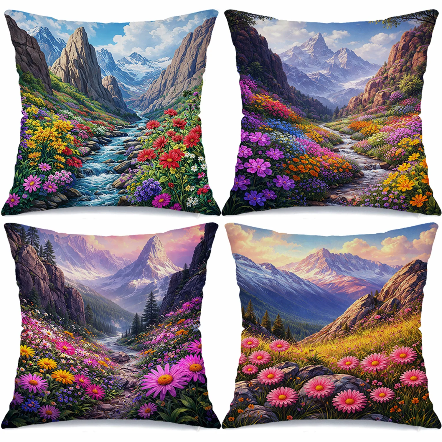 Fundas de almohada con diseño de flores silvestres de la cuenca de la montaña, fundas de almohada decorativas con diseño floral de arroyo alpino, decoración del hogar con paisajes naturales, 4 piezas