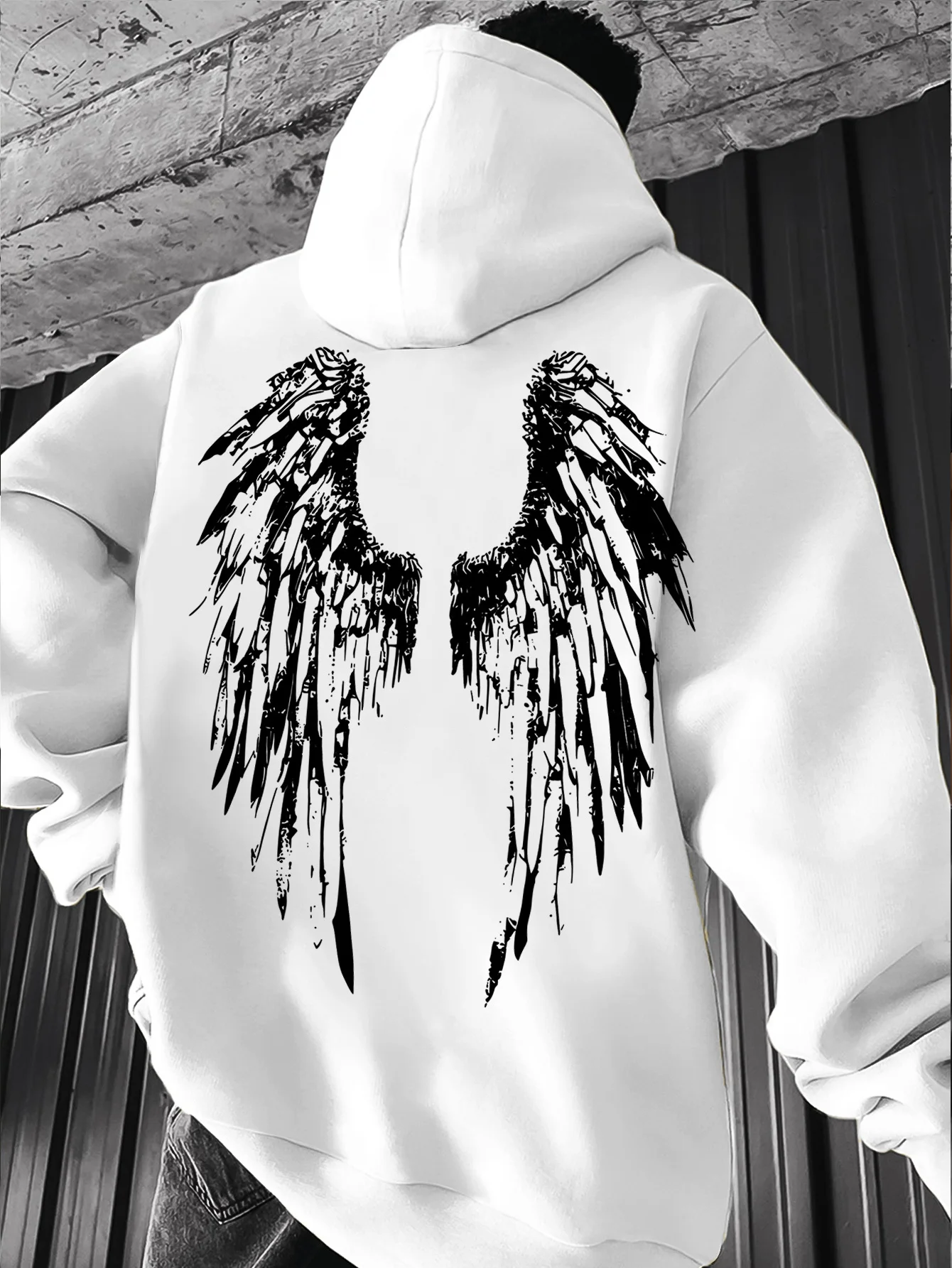Men'S Hoodie American Dark Distressed Wings Street Casual Style Loose Back Torn Broken Angel Wings Art Print Autumn Winter Men'S Daily Tops Hooded Sweatshirt