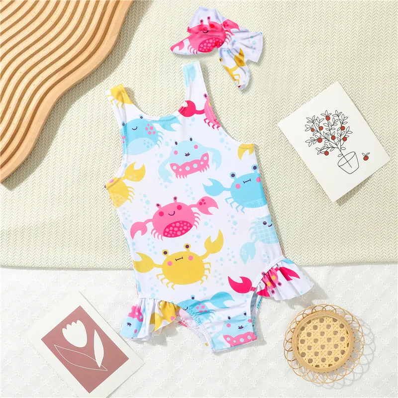 2026 children baby one-piece swimsuit with donut print and ruffle edge for girls' headbands