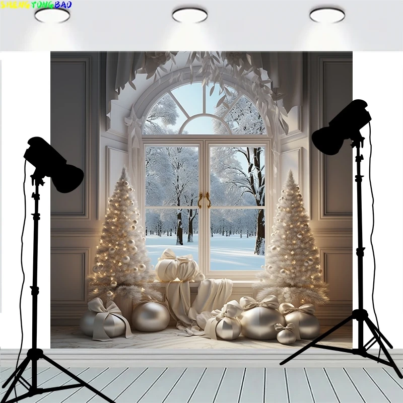 

Christmas Door Wreath Decoration Front Window Pink Flowers Background Firework Show Happy New Year Photography Backdrops MR-05
