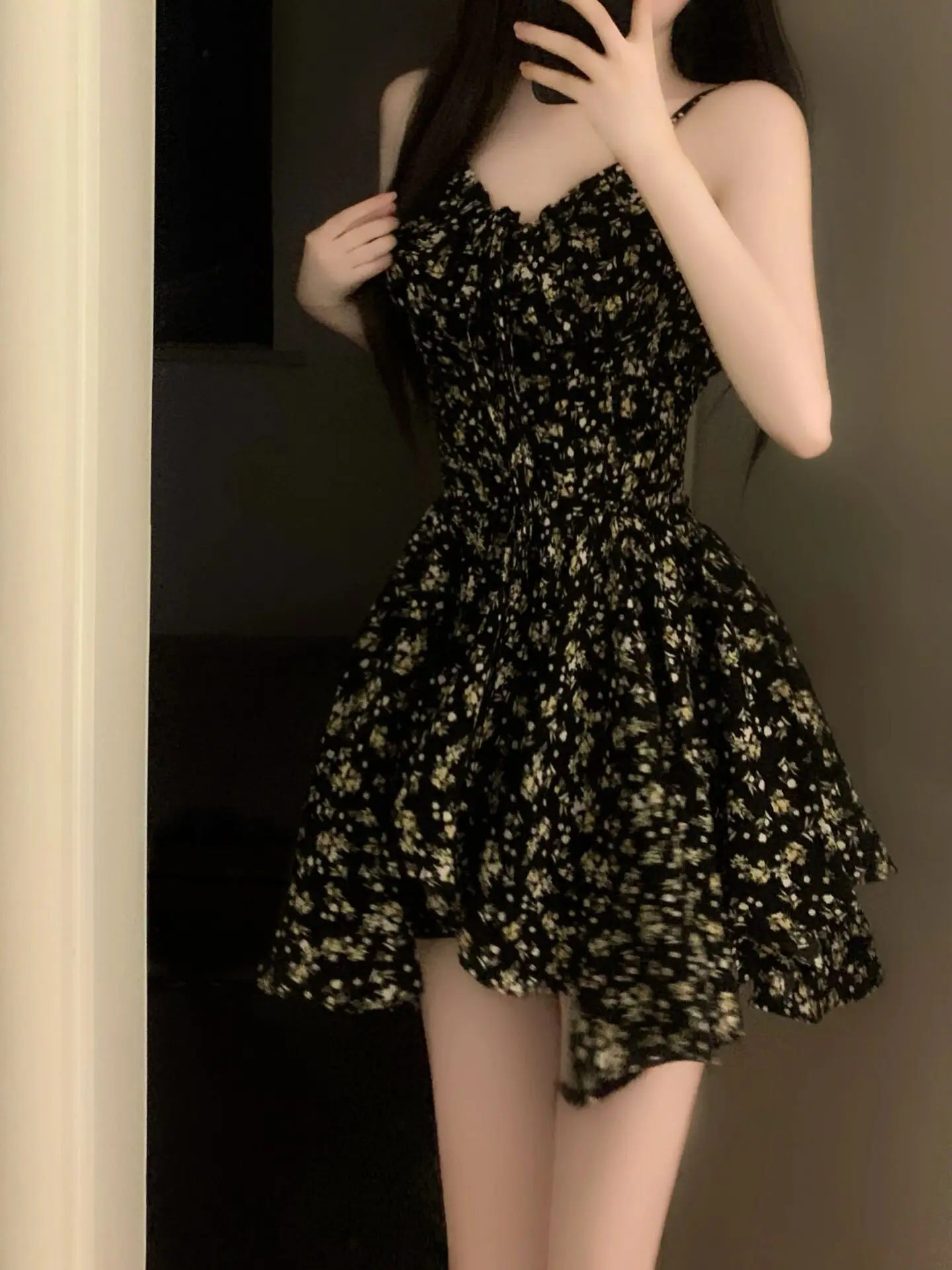 Franse onregelmatige zwarte bloemen jarretel dames zomer taille-knuffelende sexy jurk