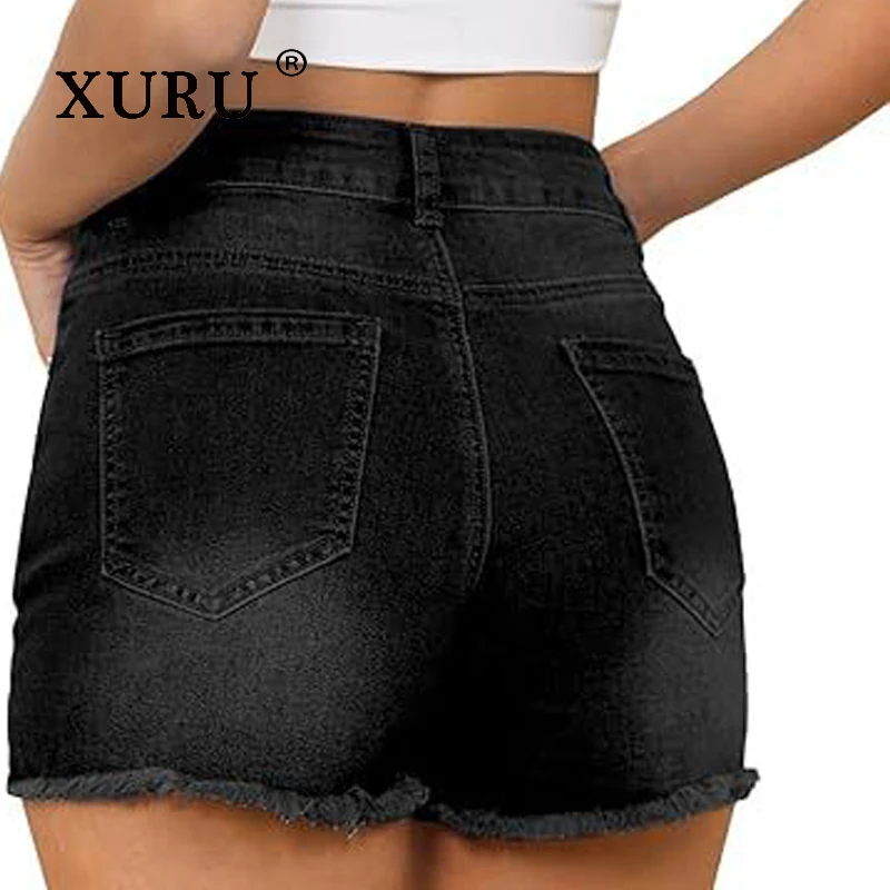 XURU - New women's high waisted denim shorts with holes and rough edges, y2k clothes summer short jeans