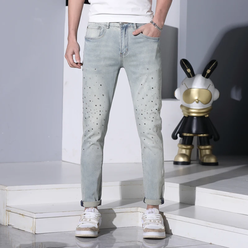 2024 Summer thin jeans MEN'S FASHION rhinestone design Stretch Slim fit pencil casual fashion brand light blue pants