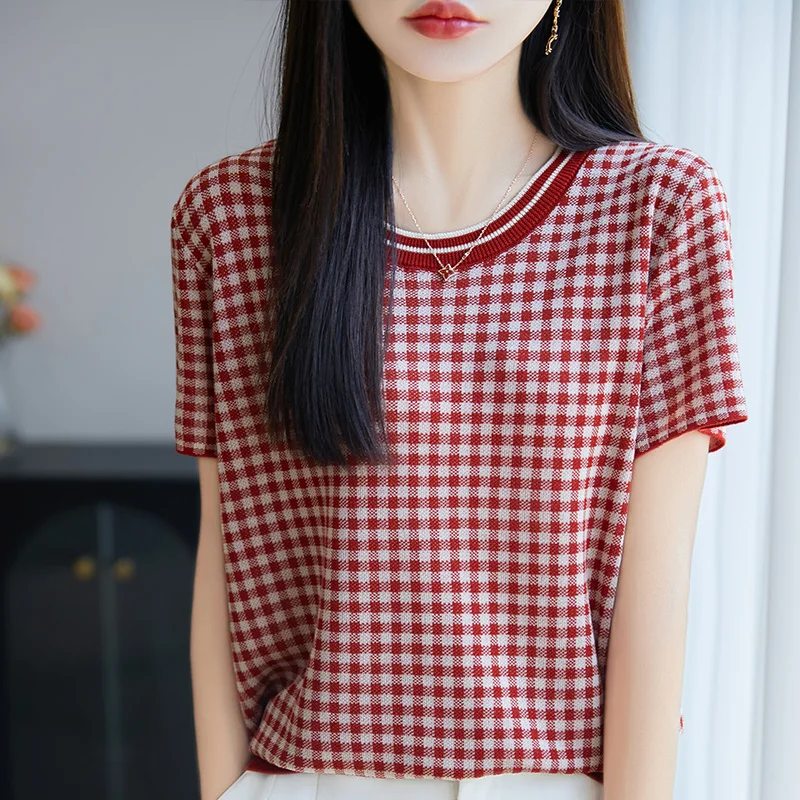 Summer new 100% Lyocell knitted sweater short sleeved women's casual checkered T-shirt round neck top loose soft pullover