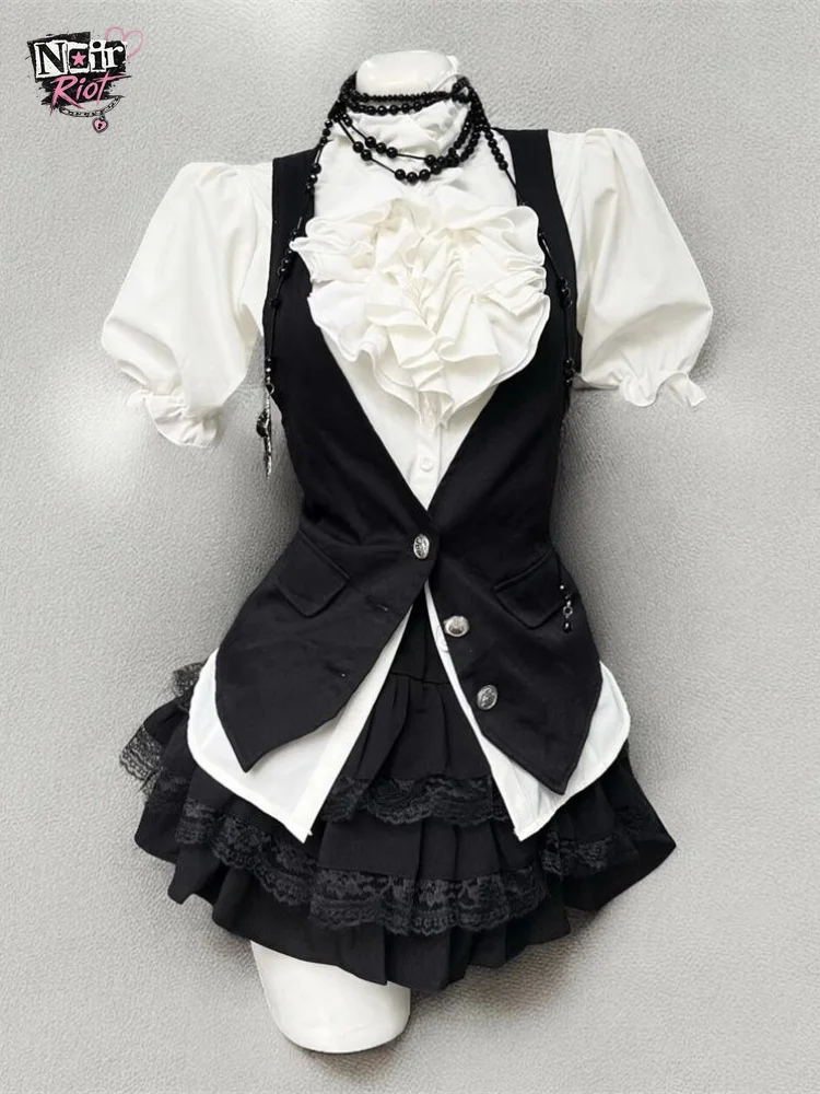 Gothic Vintage Harajuku 3 Piece Set Women Slim Fit Puff Sleeve Shirt Vest Lace Trim High Waist Cake Skirt Casual Daily Outfit