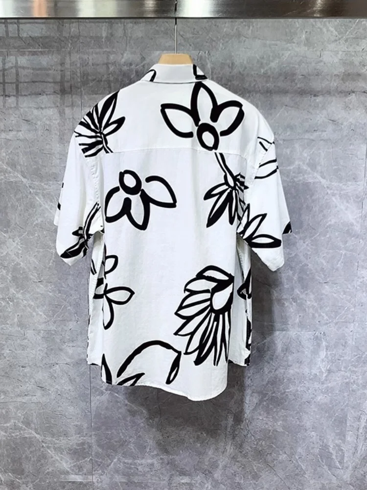 

Fashion Summer Mens Short Sleeve Flower Print Shirt Single Button Casual Tops Loose FIt Cotton Linen Hawaii Harajuku Male