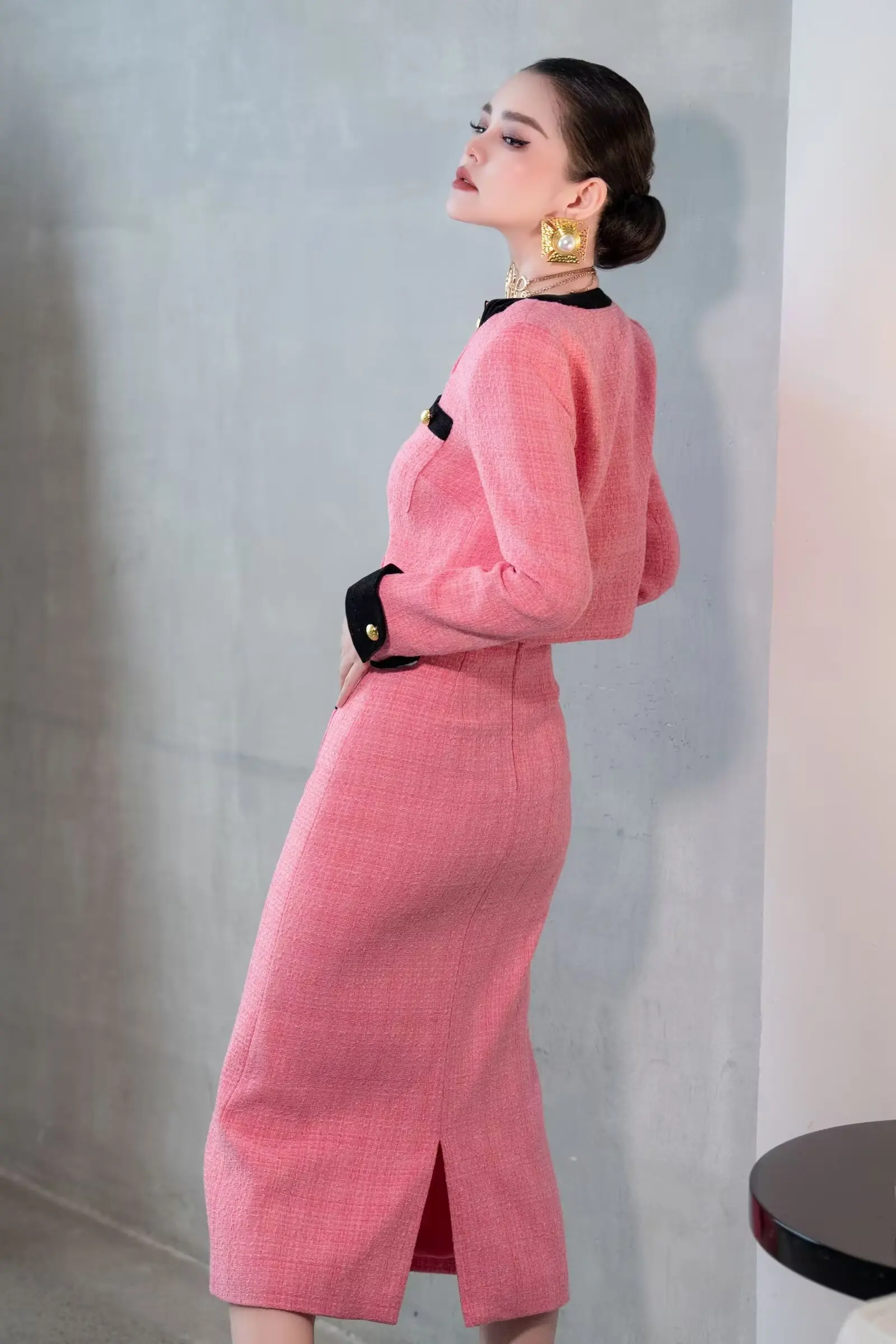 SEQINYY Elegant Pink Suit Spring Autumn New Fashion Design Women Runway High Street Jacket + Midi Skirt Pink Woven Office Lady