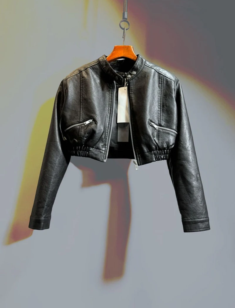 Chic Black Women Cropped Moto Jacket Zip Up Crew Neck Pockets Coat Faux Leather High Street Y2K Streetwear Winter Outwear Top