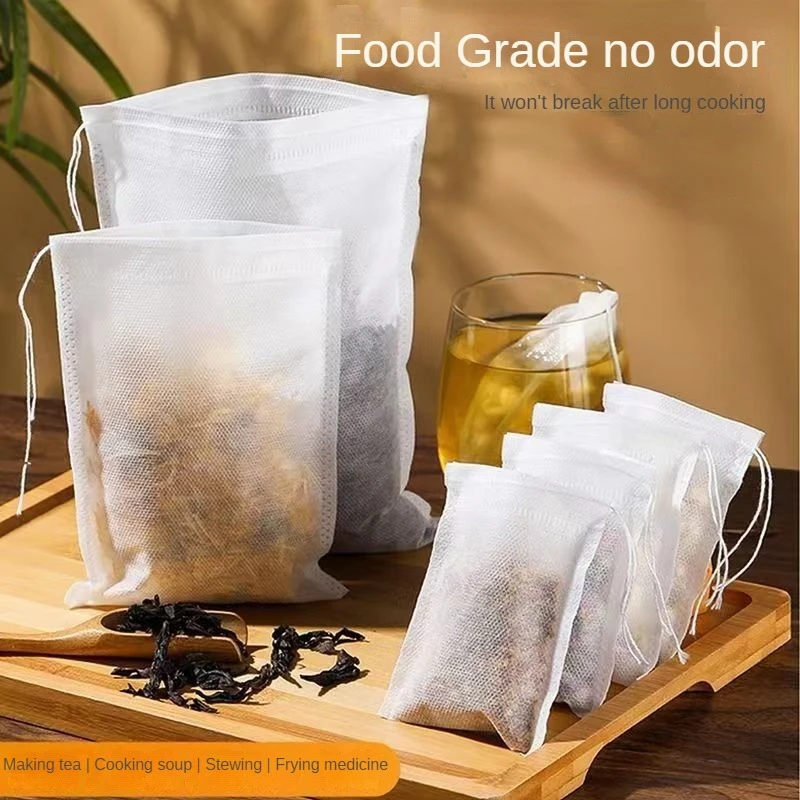 Disposable Tea Filter Bags, Drawstring Teabags for Herb Tea, Non-woven Fabric, Unbleached Empty Tea Bags, 100 PCs/Bag