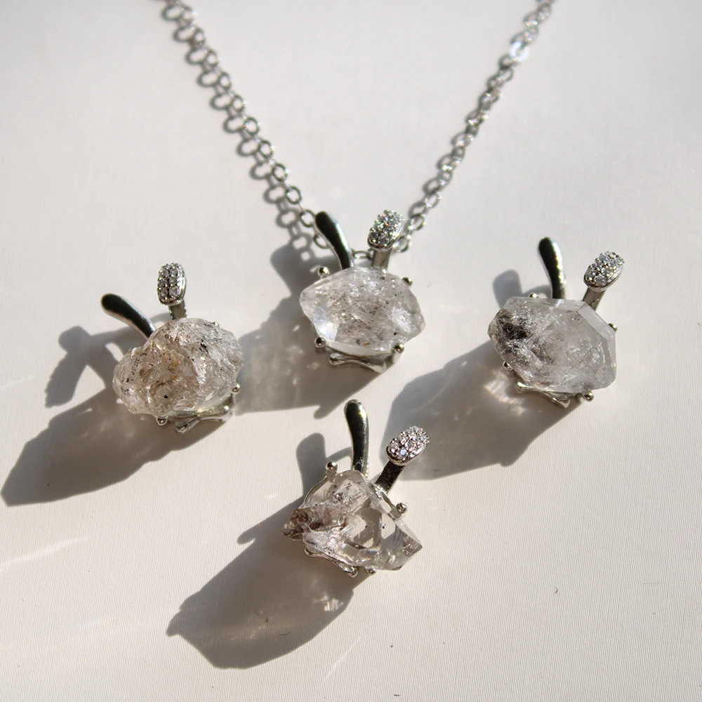 Rabbit Ear Shaped Half Silver Hook With Natural Double Terminated Rough Herkimer Mini Diamond Quartz Crystal Pendant