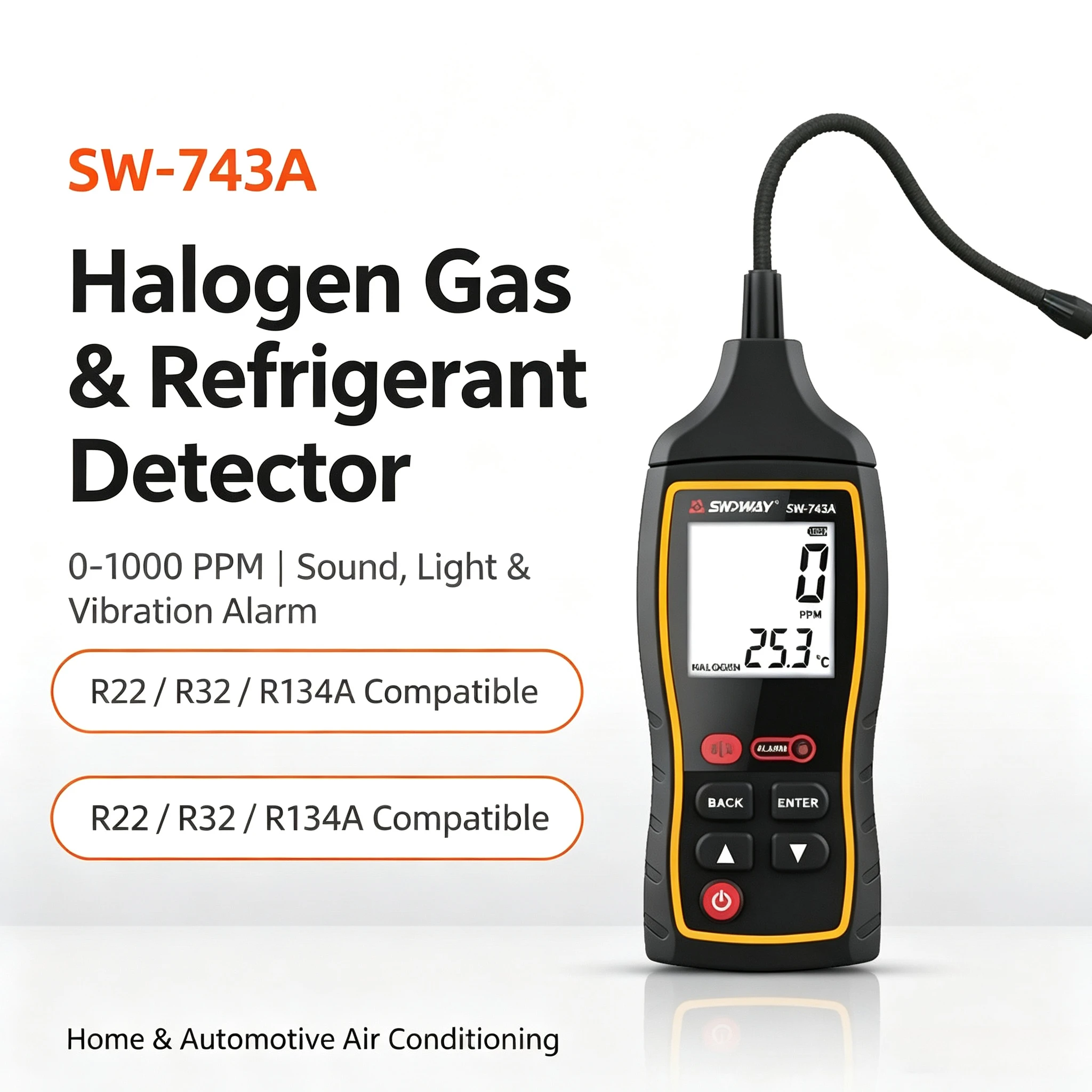 SW-743A Halogen Gas Detector | 0-1000PPM Refrigerant Leak Tester | LCD Display & Sound-Light-Vibration Alarm
