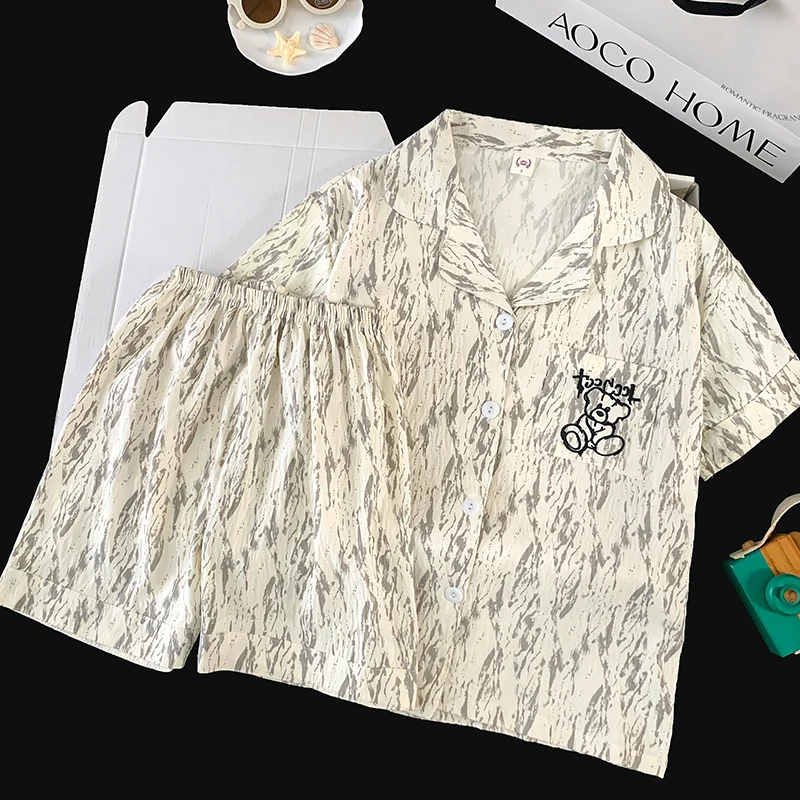 

Summer Cute Cartoon Bear Cloud Cotton Cardigan Collar Home Clothes Set