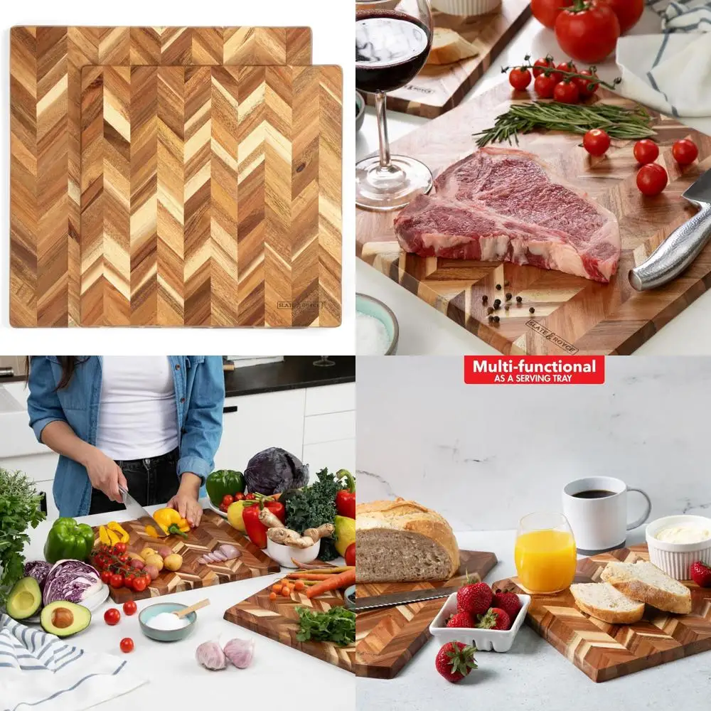 

Set of 2 Acacia Wood Herringbone Cutting Boards - Premium Kitchen & Serving Trays with Gift Box