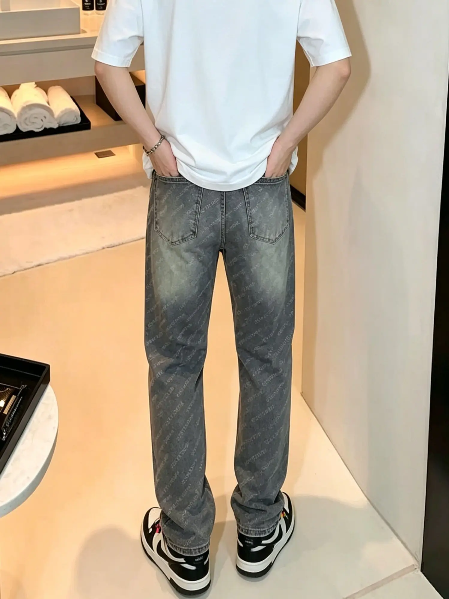 【HME】Men's Jeans | All‑Over Letter Jacquard Denim Pants, Vintage Grey Washed Straight‑Leg Denim Trousers, Subtle Diagonal Printed Casual Pants, Classic 5‑Pocket Durable Denim Bottoms, Luxury Street Style Male Denim Wear For All Seasons