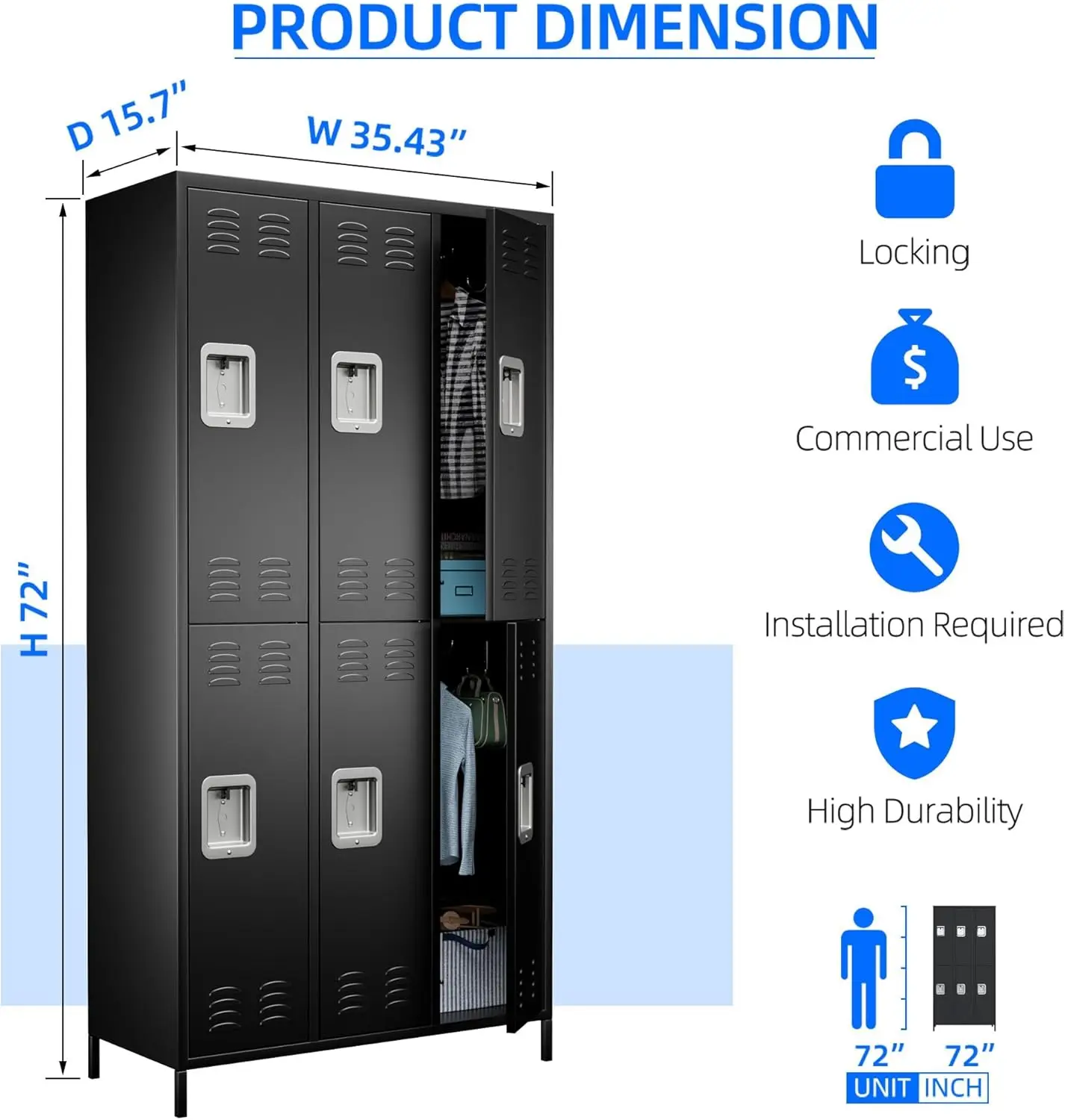 Metalen Kluisjes Voor Werknemers Met Slot & 12 Metalen Haken, 6 Deuren Black Metal Lockers Voor Kantoor, School,Gym