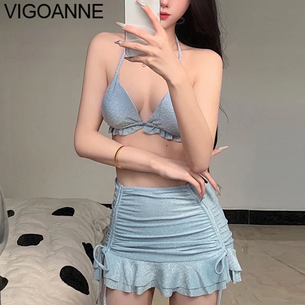 VigoAnne Sexy Solid Closed 3-częściowa spódnica z wysokim stanem Bikini Set Women 2025 Halter Push Up Strój kąpielowy bez czarnych letnich kostiumów