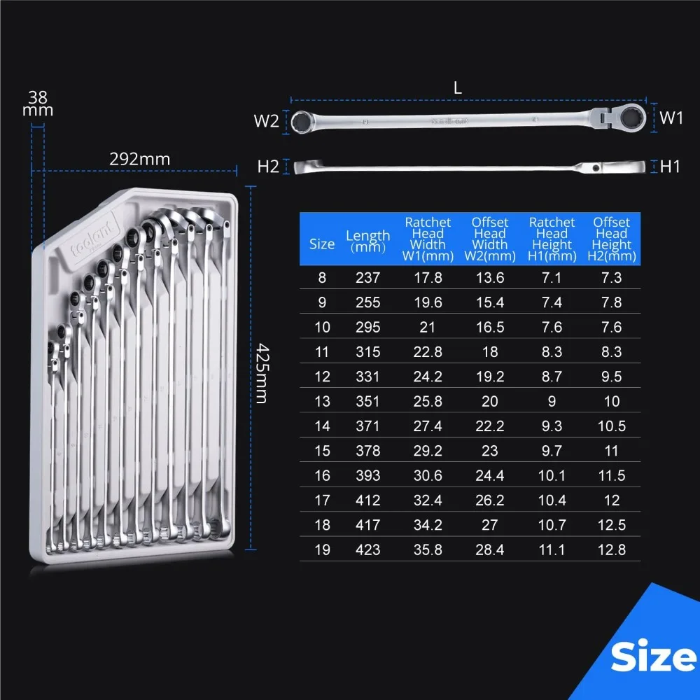 Extra Long Ratcheting Wrench Set, Flex Head & Fixed Wrench Set, CR-V Steel, Metric 8-19mm, 12PCS with Storage Tray