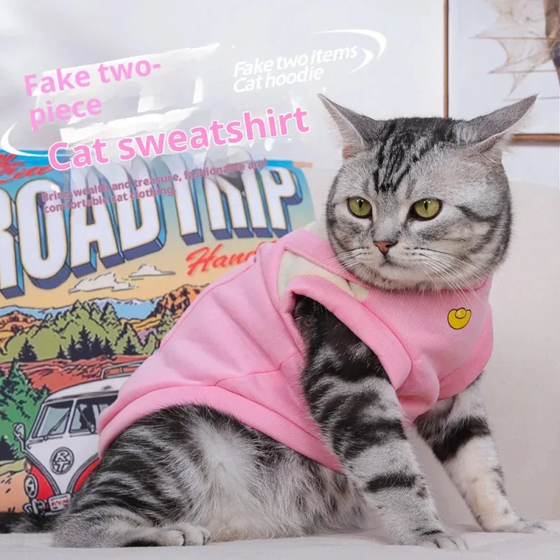 

False Two-Piece Cat Hoodie - Cartoon Print Thermal Lined Windproof Sweater, Plush Pullover for Indoor & Outdoor (CE Certified)