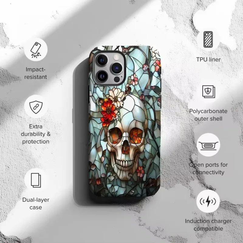 Faux Stained Glass Floral Skull Phone Case For IPHONE 16 15PRO MAX 14 13 12 11 Acrylic TPU Two in one magnetic Phone Cases