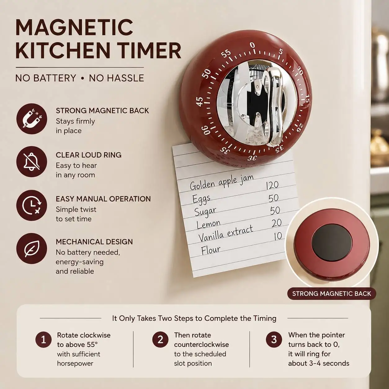 Retro Mechanical Kitchen Timer Magnetic 60 Minute Countdown No Battery Loud Bell Alarm Vintage Time Reminder for Cooking Baking