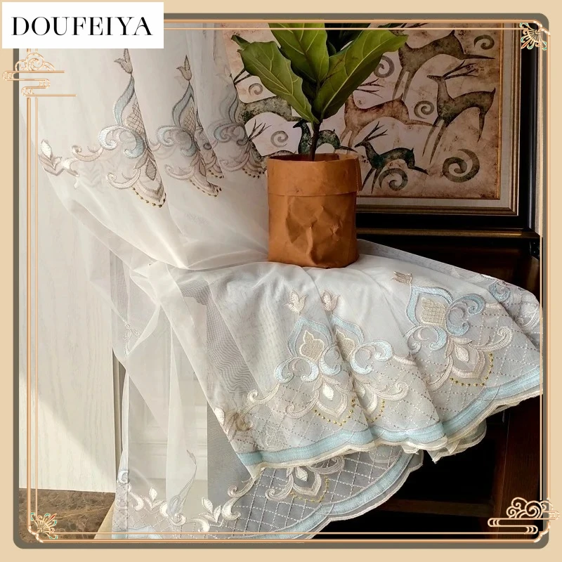 

New American Light Luxury Embroidery Beautiful Semi-shading Balcony Bay Window Tulle Curtains for Living Dining Room Bedroom