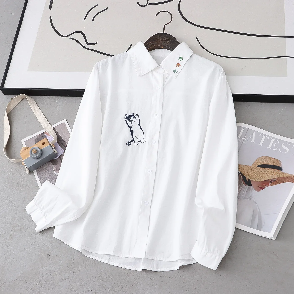 New Summer Cotton Long Sleeve White Shirt Lapel Cartoon Embroidery Top Girl Sweet Casual Loose Blouse 2024 Autumn T46286QM