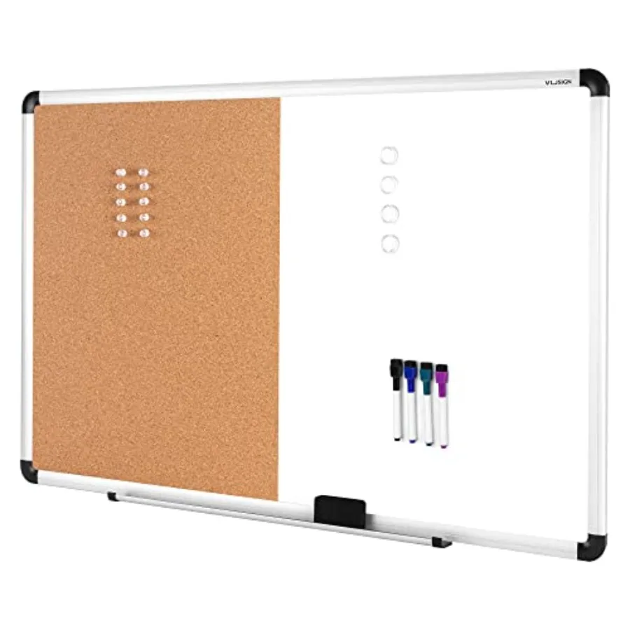 

White and Cork Board Combination Dry Erase and Corkboard Combo for Home or Office Wall Mounted Notice Bulletin With Aluminum Fr