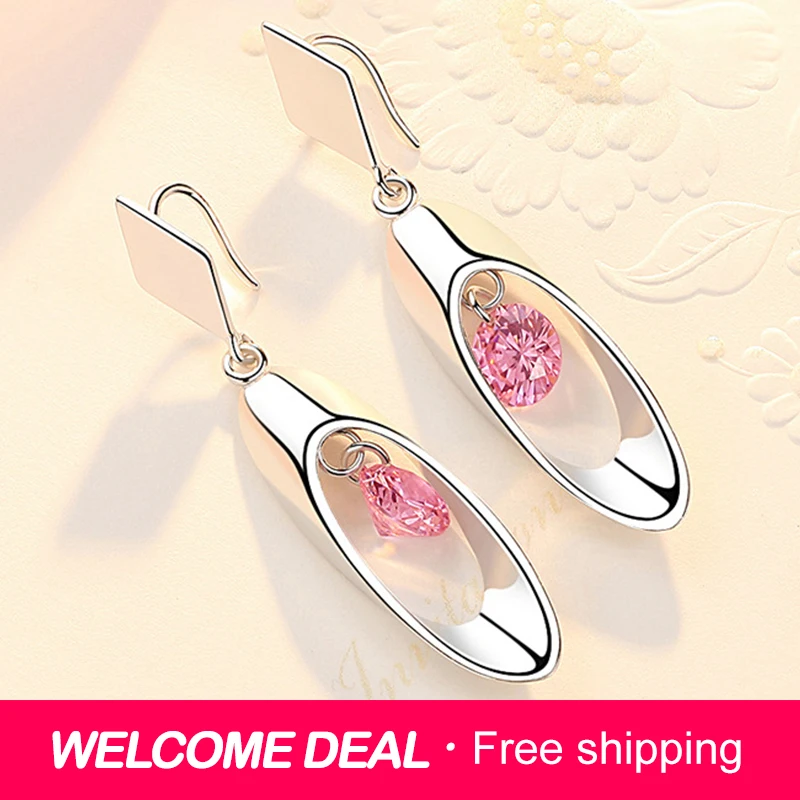 ZDADAN 925 Silver Pink Crystal Hollow Long Drop Earrings For Women Charm Wedding Jewelry Gift