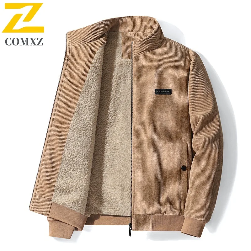 

COMXZ Corduroy Jacket Men Cotton Coat Fleece Lined Thick Sherpa Winter Coat New Padded Windproof Warm lightweight windbreaker