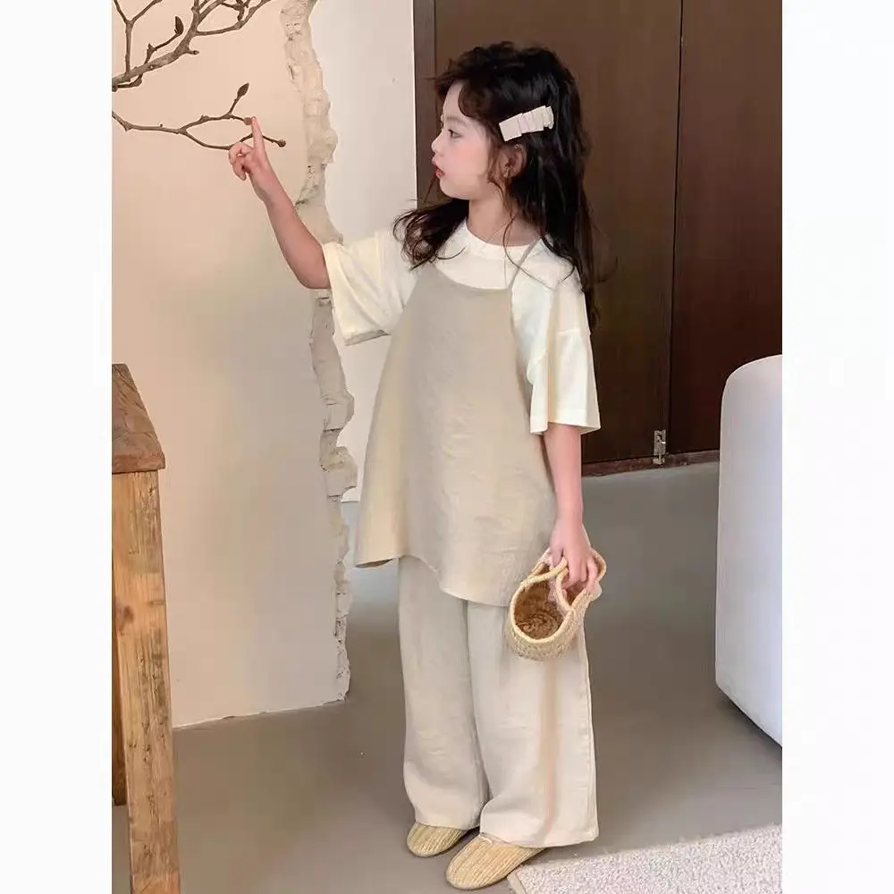 Girls Summer Casual Loose and Popular Three Piece Set 2026 New Solid Color Western-Style Short Sleeved Suspender Pants Set