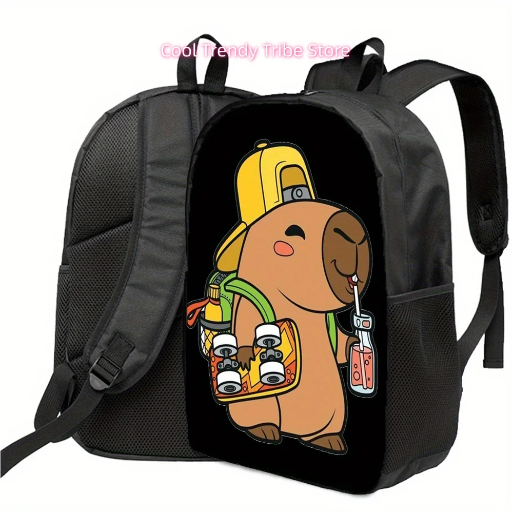 Everyday Backpack, Capybara Laptop Carrier, Black Travel Bag, Adjustable Shoulder Strap, Sporty Design, Colorful Cartoon Print,
