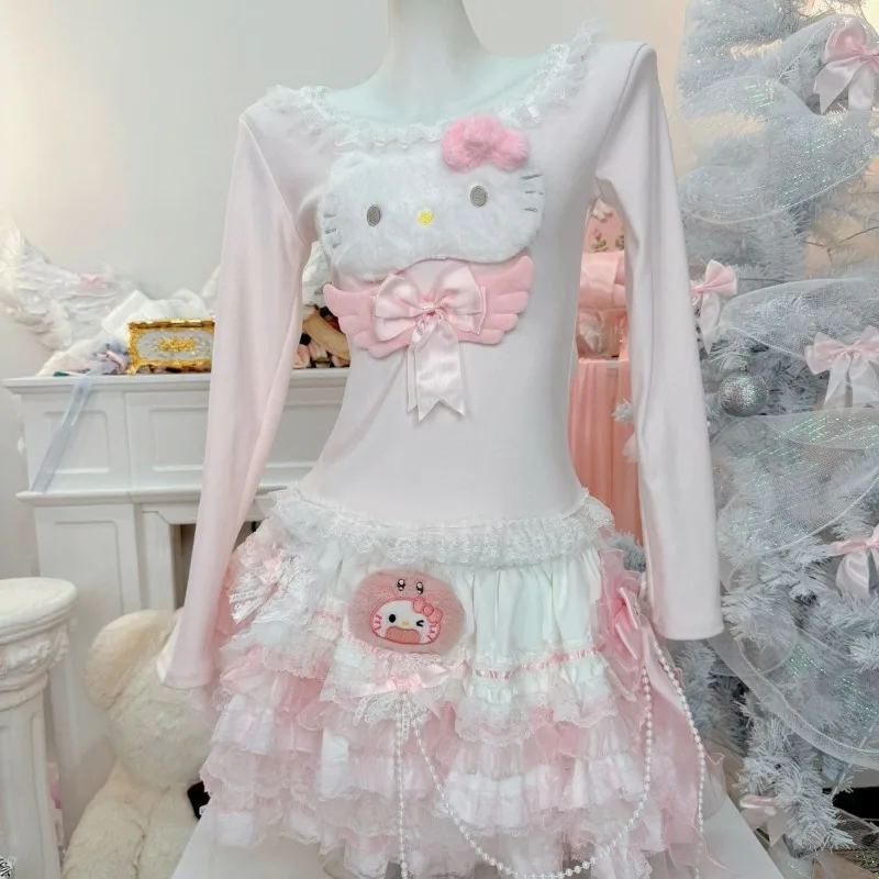 

Креативный костюм Sanrio Hello Kitty: милая и очаровательная блузка с длинными рукавами и кружевом + пышная юбка в стиле Лолита, комплект из двух предметов.