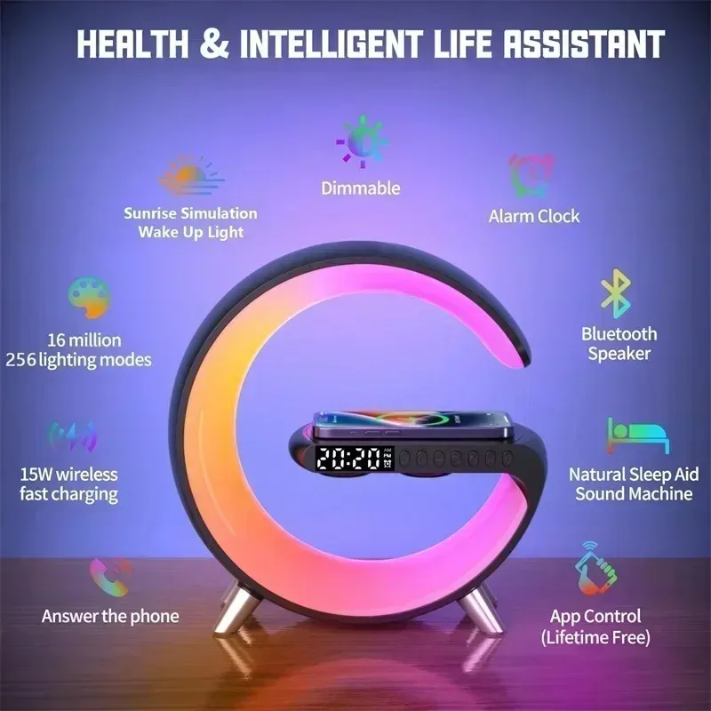 2024 New Intelligent G Shaped LED Lamp Bluetooth Speaker Wireless Charger Atmosphere Lamp With Clock App Control Home Decoration