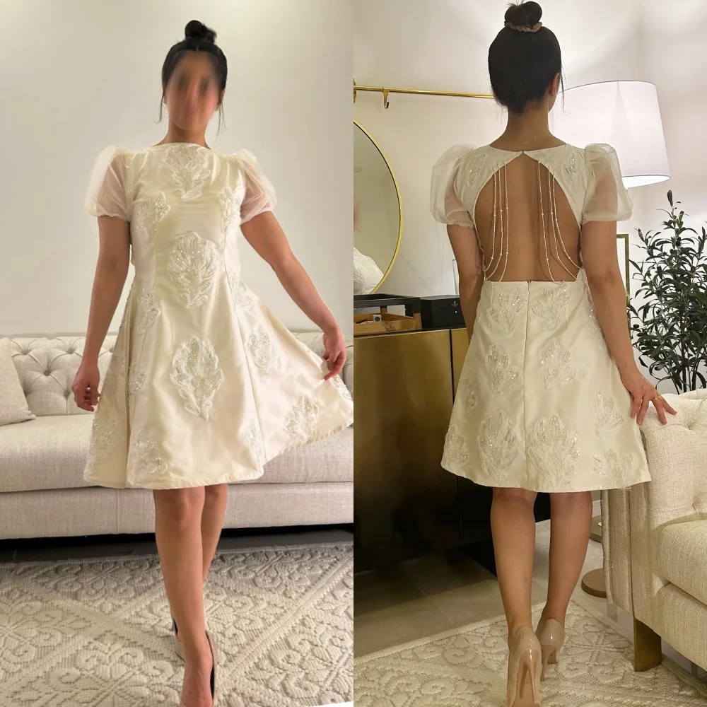 

Customized Exquisite Satin Embroidery Sequined Flower Ruched A-line O-Neck Mini Dresses Evening Dresses Classic Unisex Simple Ca