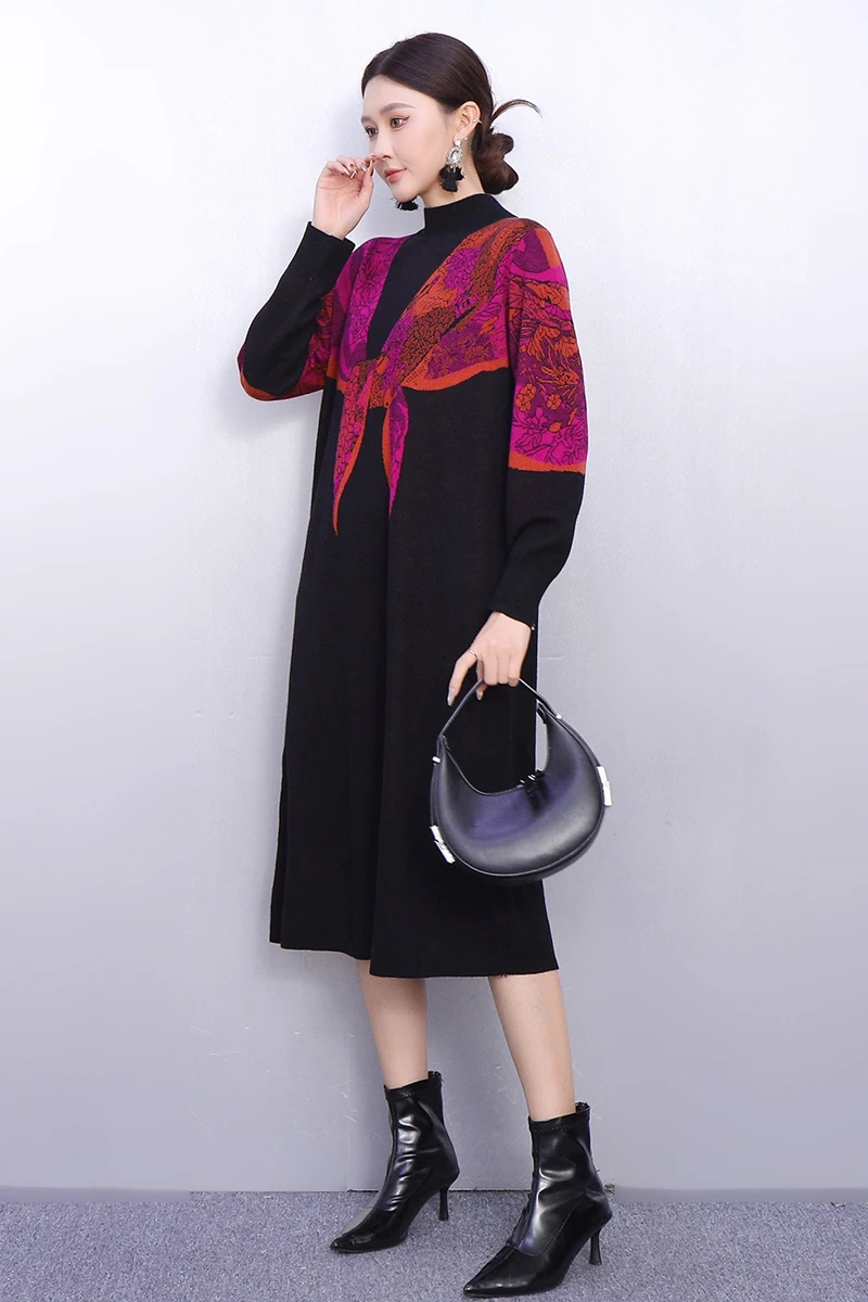2025 Winter Elegante Frauen Casual Lose Gestrickte Gedruckt Lange Kleider Weibliche Lange Hülse Kontrast Farbe Kleid Großhandel J2101