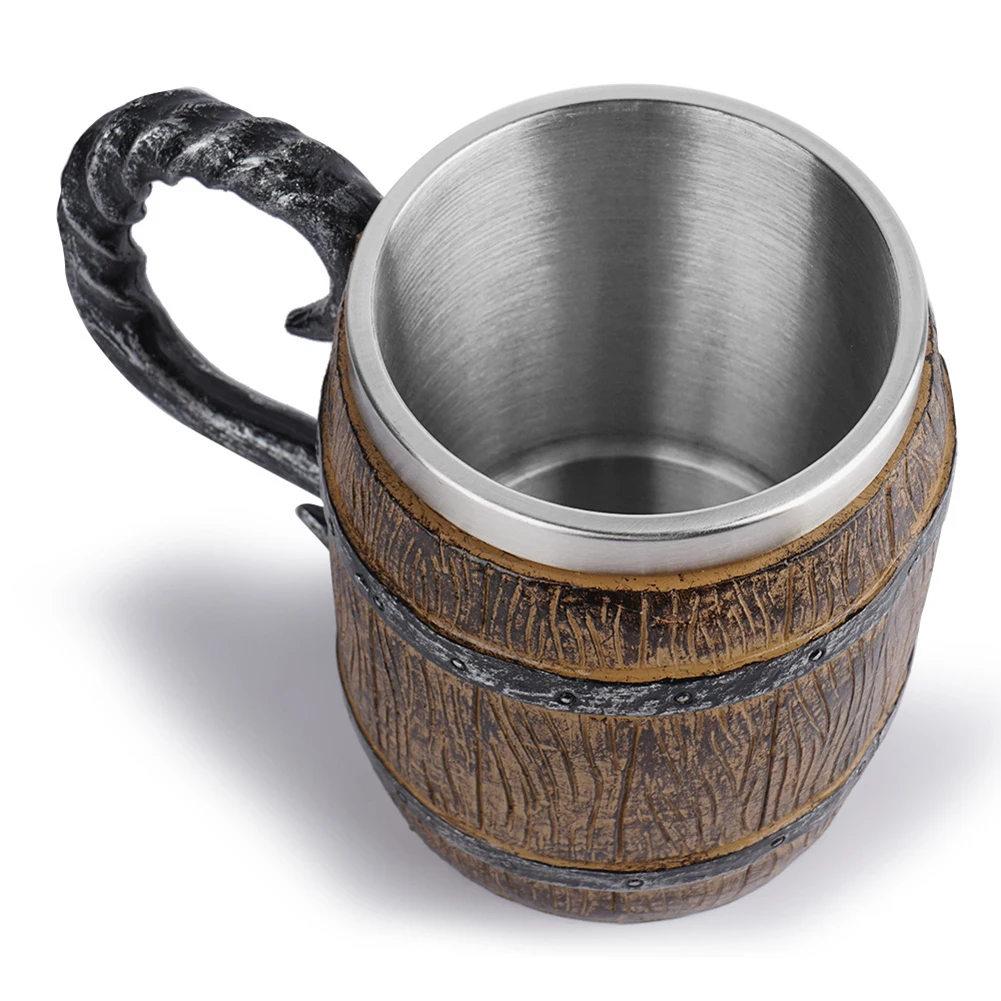 Stainless Steel Beer Mug Resin Stainless Steel Barrel Coffee Cup Viking Style Double Wall Beer Jug Drinkware Kitchen Supplies