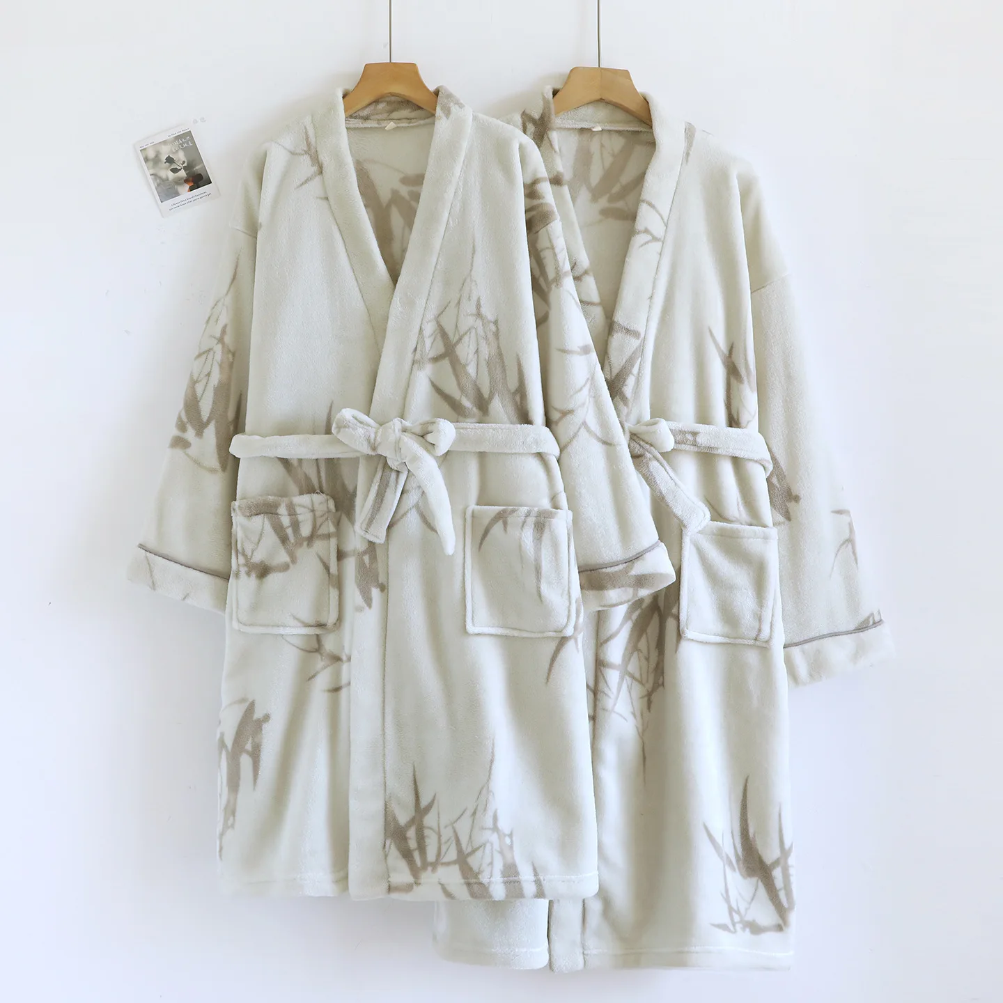 

Bamboo Print Couple Flannel Nightwear Winter Thicken Warm Soft Robe Gown Sleepwear Women Men Coral Kimono Bathrobe Gown
