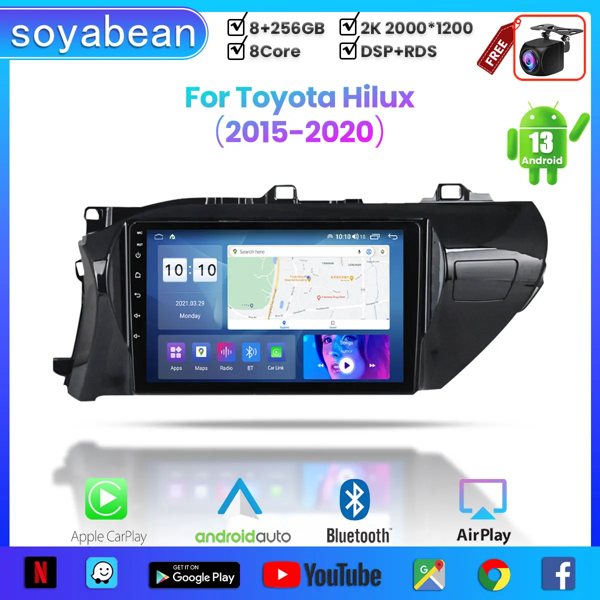 

Android 13 Car Radio for Toyota Hilux LHD 2015-2020, 10inch 2K Multimedia Player with 4G Carplay DSP & 2Din GPS Navigation.