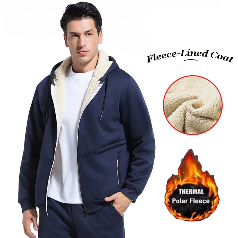 Winter Thickened Warm Jackets Men Casual Streetwear Coats Fashion Zipper Hoodies Lambswool Coats Drawstring Sweatshirt Cardigan